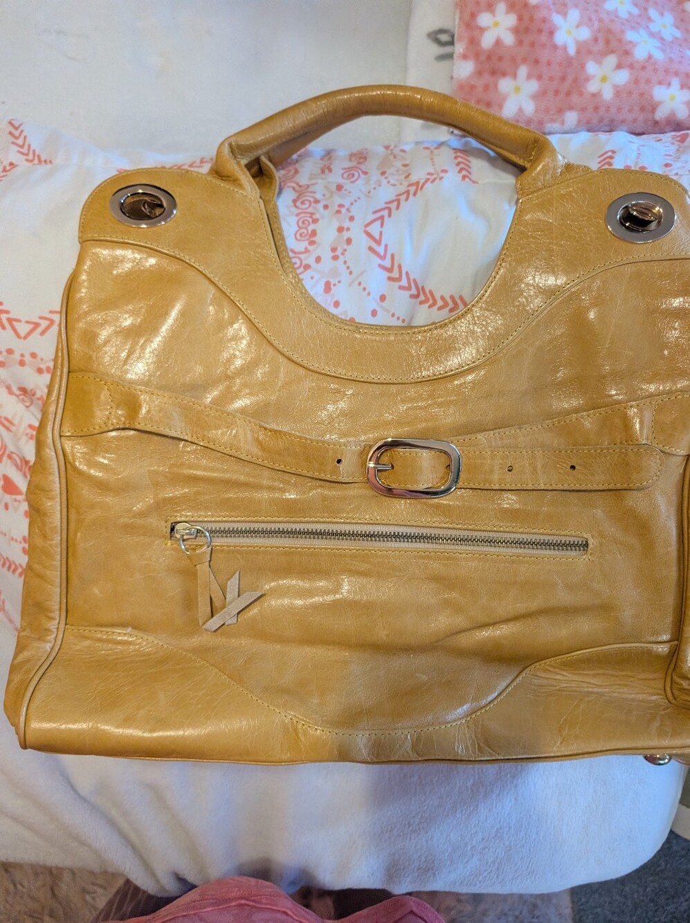 Spacious Tan Leather Tote with Front Zip and Buckle Detail